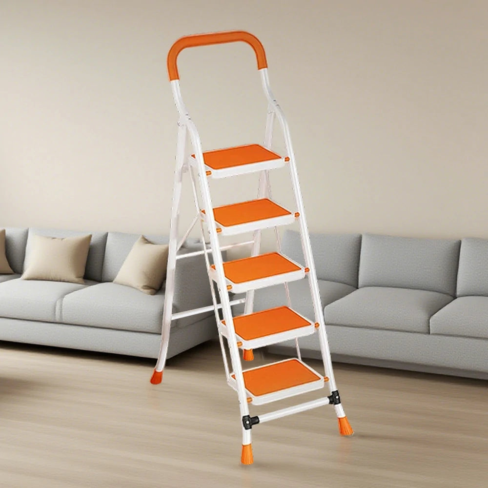 GROVIA 4/5/6-Step Carbon Steel Folding Ladder - 7cm Slim Design, 26cm Wide Non-Slip Pedal, Anti-Slip Feet - Orange