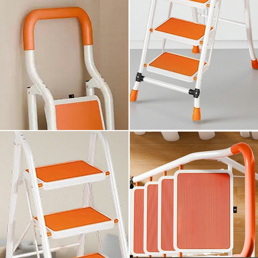 GROVIA 4/5/6-Step Carbon Steel Folding Ladder - 7cm Slim Design, 26cm Wide Non-Slip Pedal, Anti-Slip Feet - Orange
