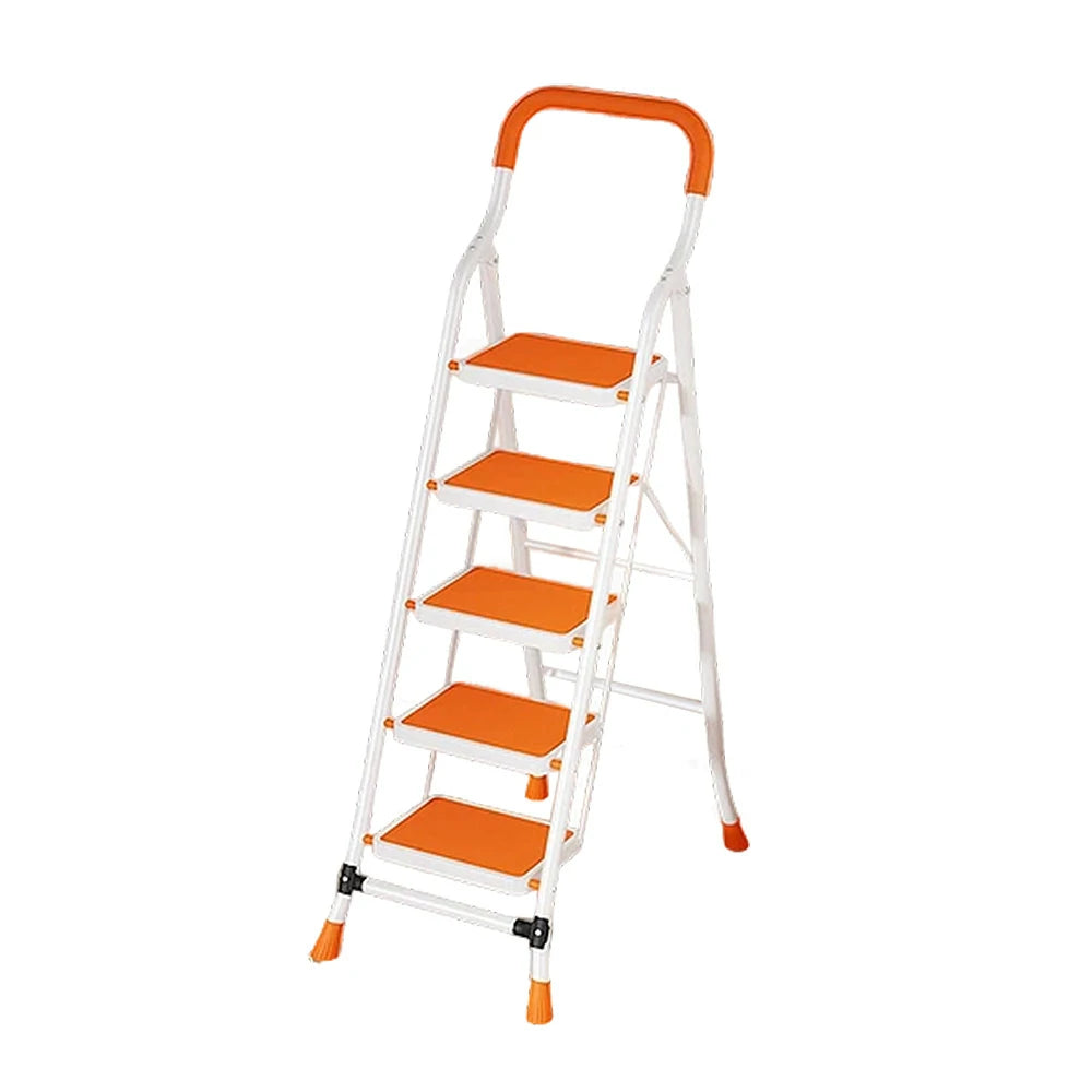 GROVIA 4/5/6-Step Carbon Steel Folding Ladder - 7cm Slim Design, 26cm Wide Non-Slip Pedal, Anti-Slip Feet - Orange