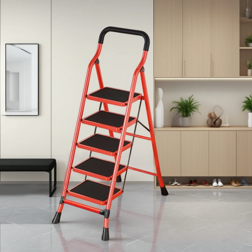 GROVIA 4/5/6-Step Carbon Steel Slim Folding Ladder - 7cm Thick, 26cm Non-Slip Pedal, Stable Anti-Slip Feet - Red