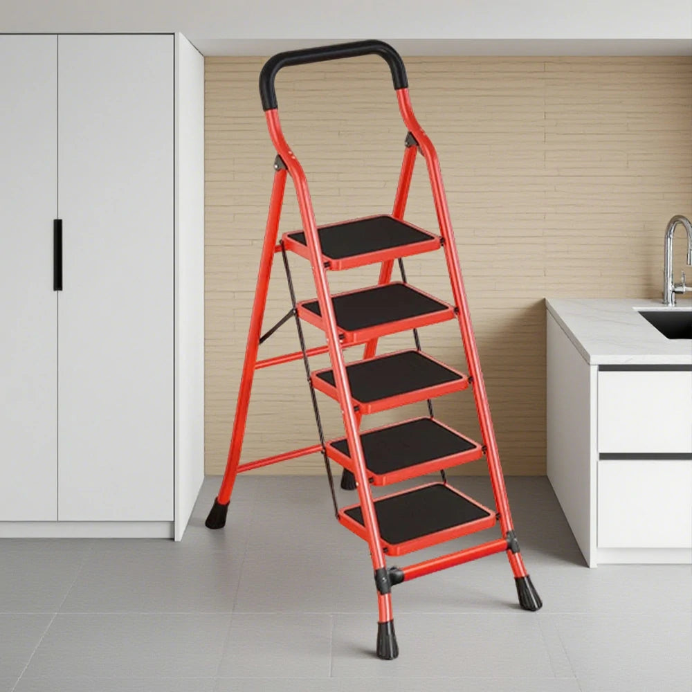 GROVIA 4/5/6-Step Carbon Steel Slim Folding Ladder - 7cm Thick, 26cm Non-Slip Pedal, Stable Anti-Slip Feet - Red