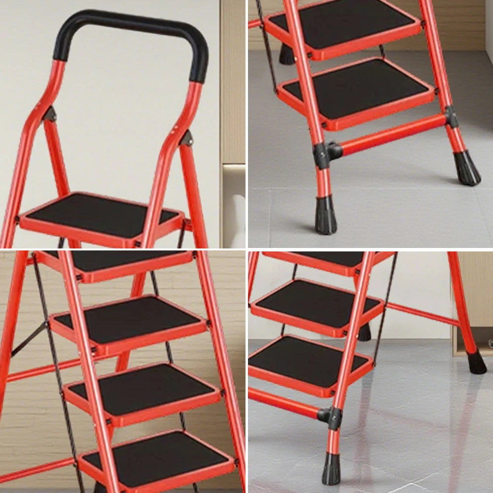 GROVIA 4/5/6-Step Carbon Steel Slim Folding Ladder - 7cm Thick, 26cm Non-Slip Pedal, Stable Anti-Slip Feet - Red