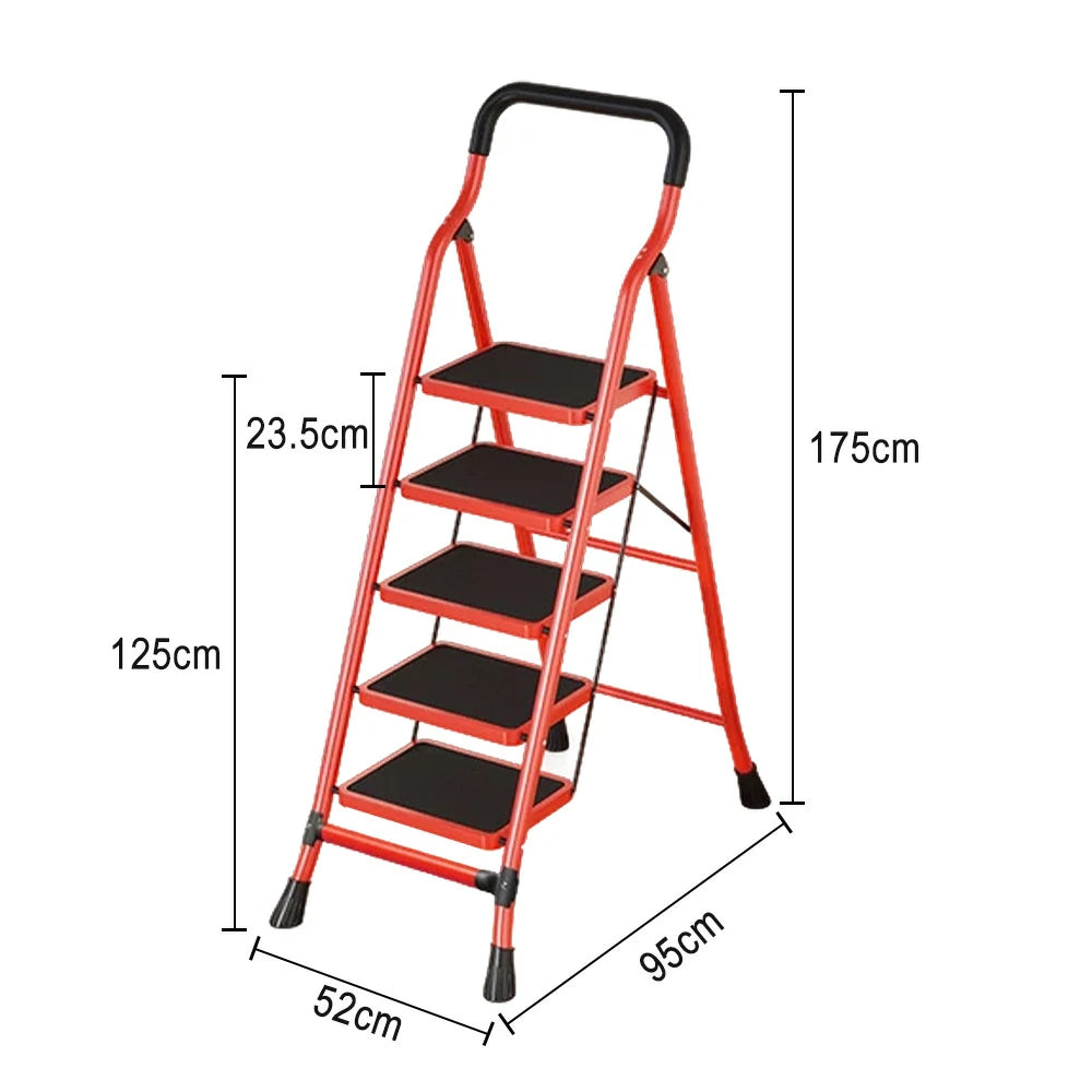 GROVIA 4/5/6-Step Carbon Steel Slim Folding Ladder - 7cm Thick, 26cm Non-Slip Pedal, Stable Anti-Slip Feet - Red