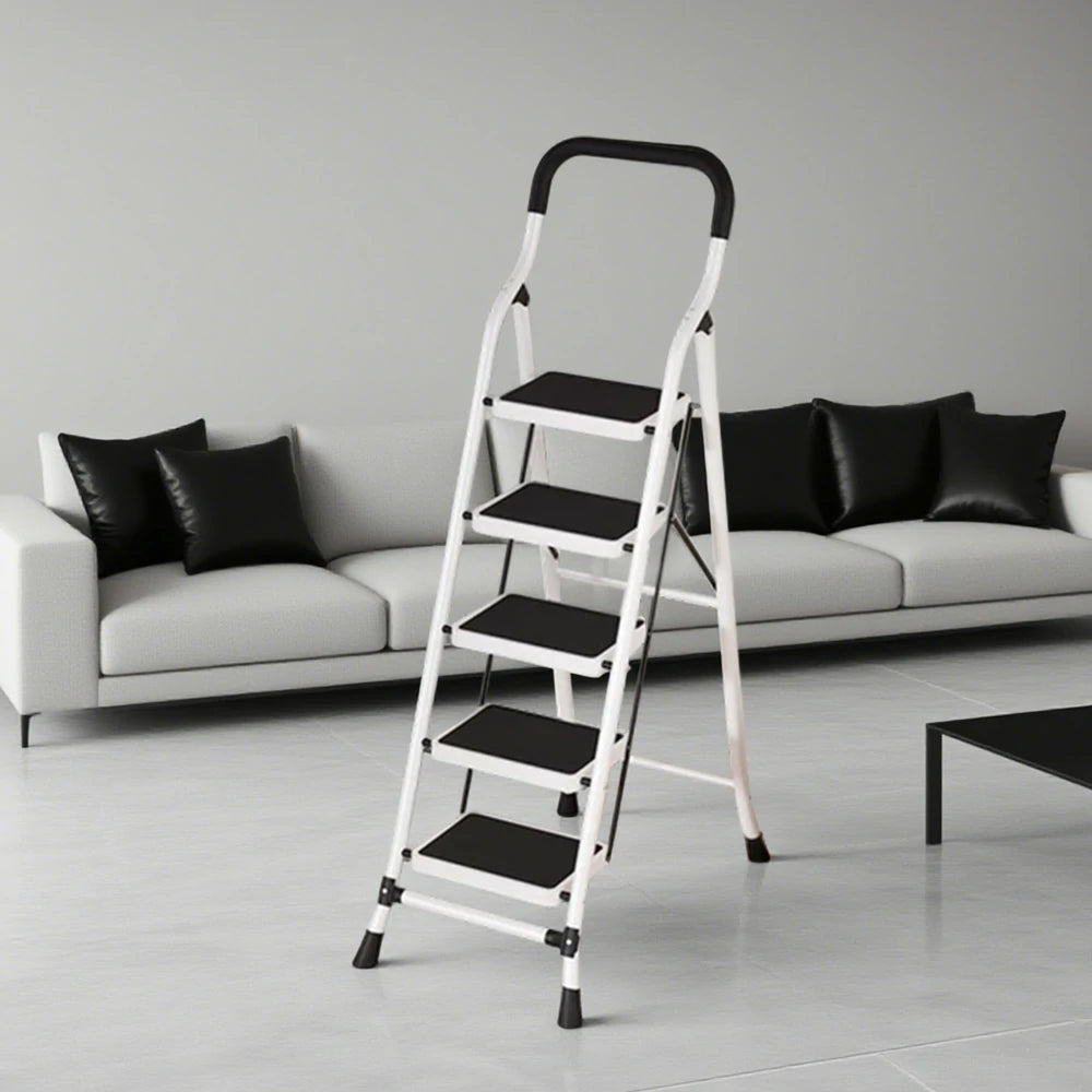 GROVIA 4/5/6-Step Carbon Steel Slim Folding Ladder - 7cm Thick, 26cm Non-Slip Pedal, Stable Anti-Slip Feet - White