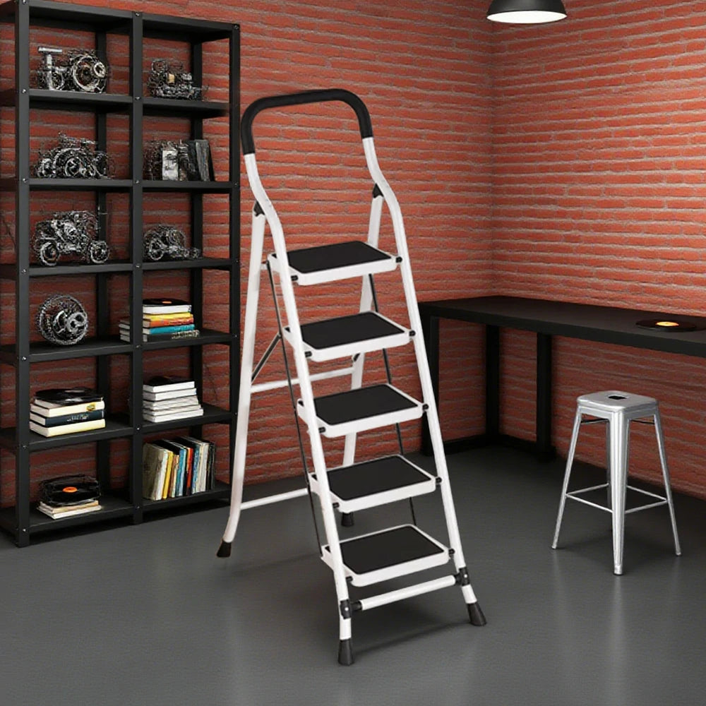 GROVIA 4/5/6-Step Carbon Steel Slim Folding Ladder - 7cm Thick, 26cm Non-Slip Pedal, Stable Anti-Slip Feet - White