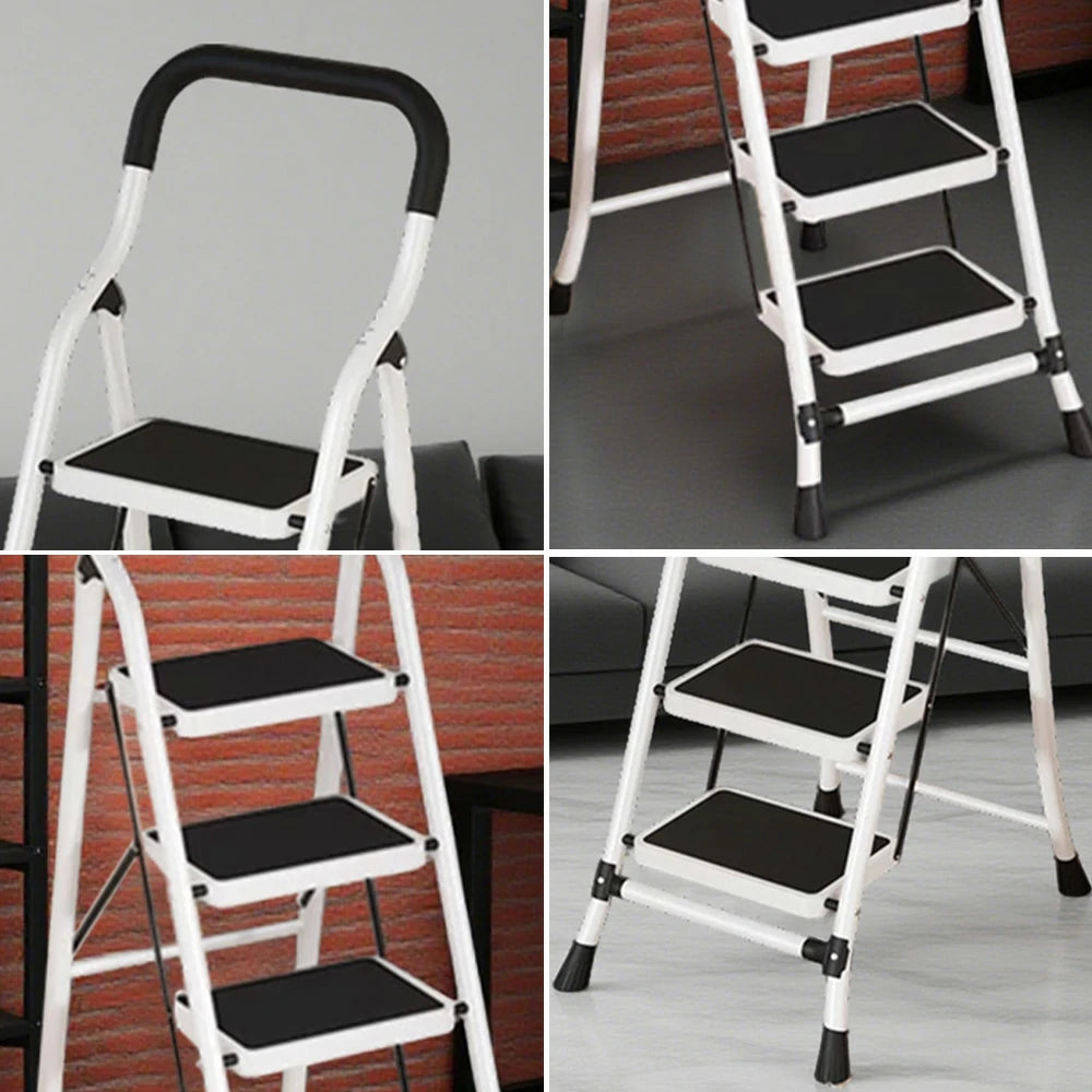 GROVIA 4/5/6-Step Carbon Steel Slim Folding Ladder - 7cm Thick, 26cm Non-Slip Pedal, Stable Anti-Slip Feet - White