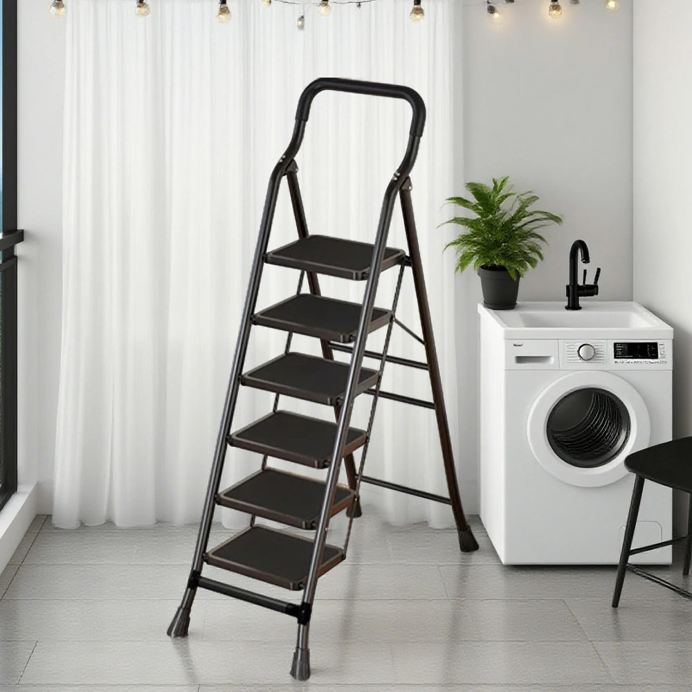 GROVIA 4/5/6-Step Carbon Steel Folding Ladder - 7cm Slim Design, 26cm Wide Non-Slip Pedal, Anti-Slip Feet - Black