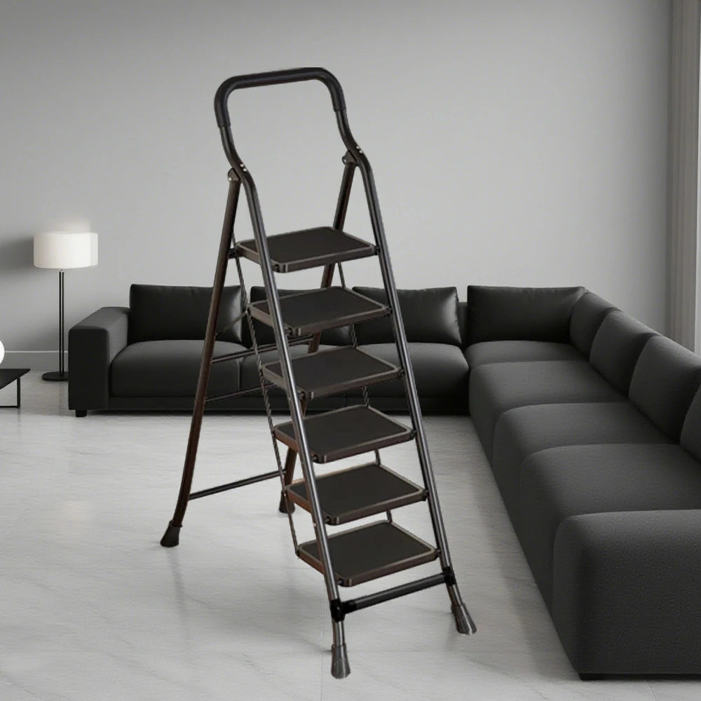 GROVIA 4/5/6-Step Carbon Steel Folding Ladder - 7cm Slim Design, 26cm Wide Non-Slip Pedal, Anti-Slip Feet - Black