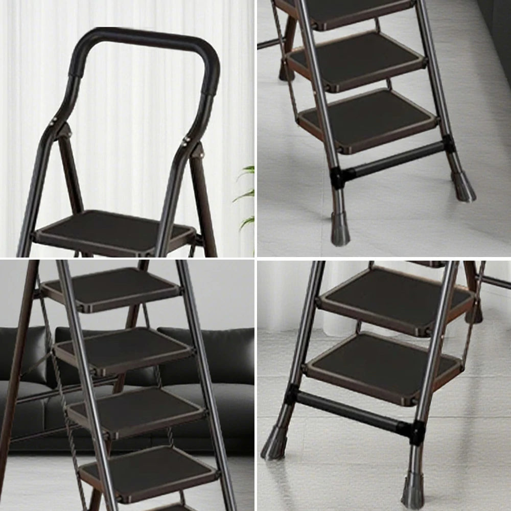 GROVIA 4/5/6-Step Carbon Steel Folding Ladder - 7cm Slim Design, 26cm Wide Non-Slip Pedal, Anti-Slip Feet - Black