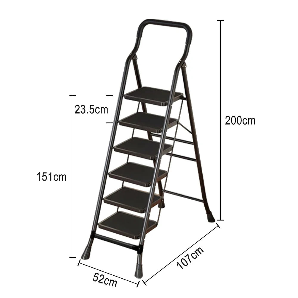 GROVIA 4/5/6-Step Carbon Steel Folding Ladder - 7cm Slim Design, 26cm Wide Non-Slip Pedal, Anti-Slip Feet - Black