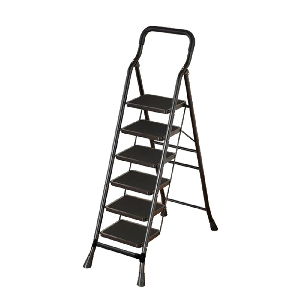 GROVIA 4/5/6-Step Carbon Steel Folding Ladder - 7cm Slim Design, 26cm Wide Non-Slip Pedal, Anti-Slip Feet - Black