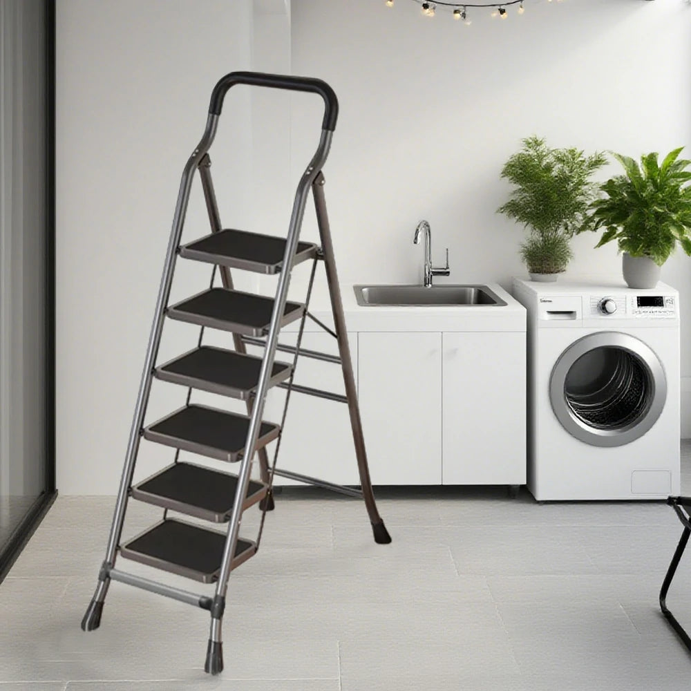 GROVIA 4/5/6-Step Carbon Steel Folding Ladder - 7cm Slim Design, 26cm Wide Non-Slip Pedal, Anti-Slip Feet - Gray