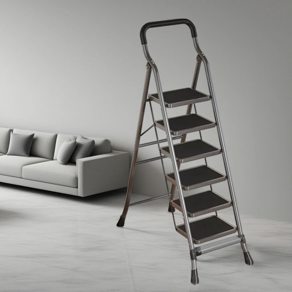 GROVIA 4/5/6-Step Carbon Steel Folding Ladder - 7cm Slim Design, 26cm Wide Non-Slip Pedal, Anti-Slip Feet - Gray