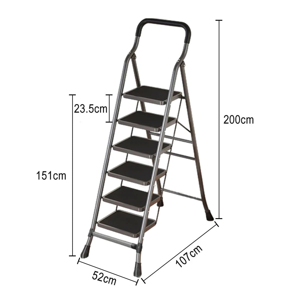 GROVIA 4/5/6-Step Carbon Steel Folding Ladder - 7cm Slim Design, 26cm Wide Non-Slip Pedal, Anti-Slip Feet - Gray