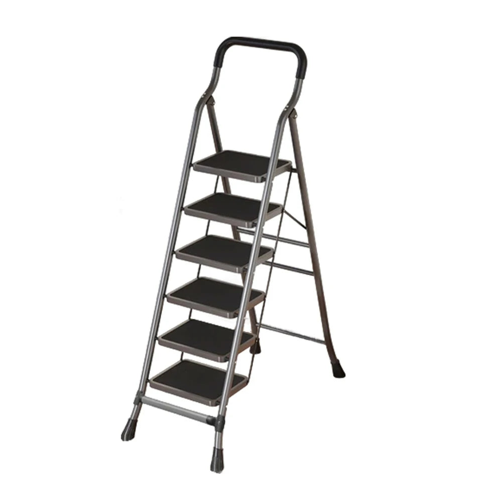 GROVIA 4/5/6-Step Carbon Steel Folding Ladder - 7cm Slim Design, 26cm Wide Non-Slip Pedal, Anti-Slip Feet - Gray