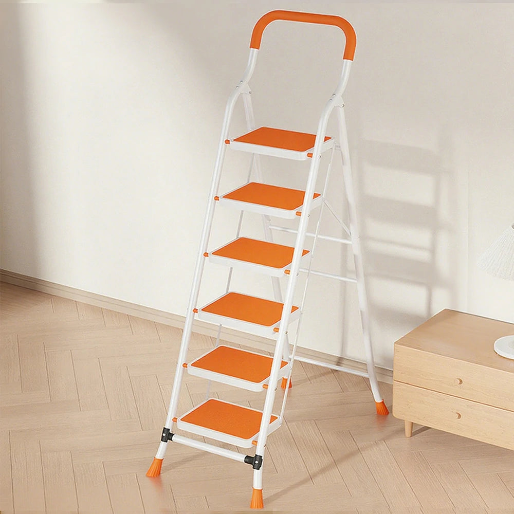 GROVIA 4/5/6-Step Carbon Steel Folding Ladder - 7cm Slim Design, 26cm Wide Non-Slip Pedal, Anti-Slip Feet - Orange