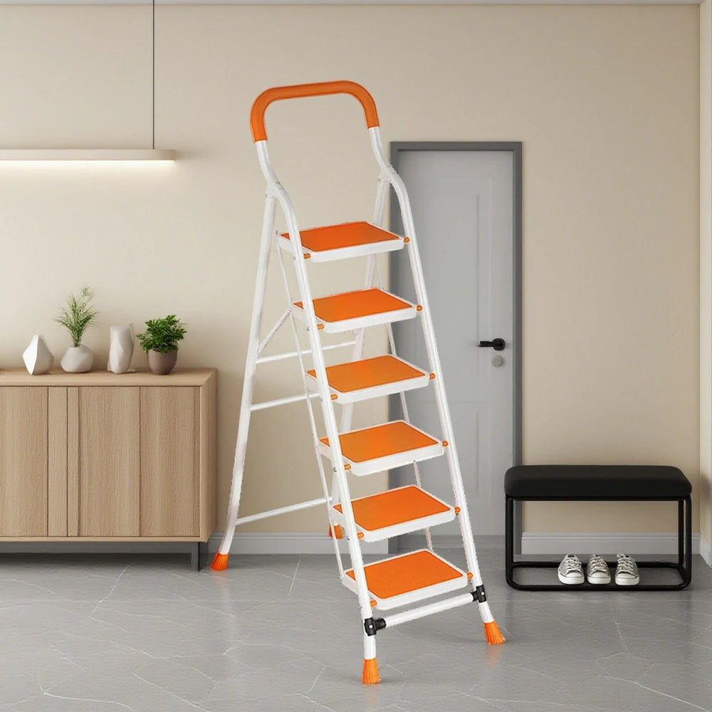 GROVIA 4/5/6-Step Carbon Steel Folding Ladder - 7cm Slim Design, 26cm Wide Non-Slip Pedal, Anti-Slip Feet - Orange
