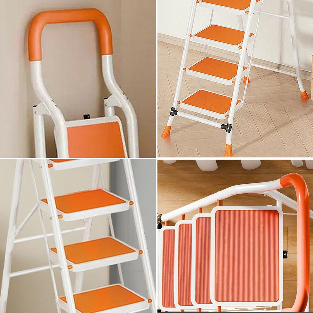 GROVIA 4/5/6-Step Carbon Steel Folding Ladder - 7cm Slim Design, 26cm Wide Non-Slip Pedal, Anti-Slip Feet - Orange