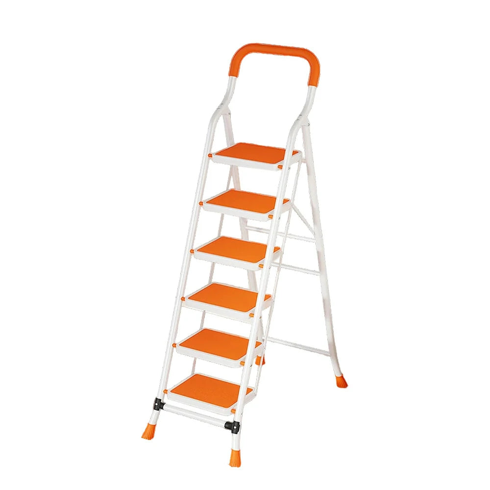GROVIA 4/5/6-Step Carbon Steel Folding Ladder - 7cm Slim Design, 26cm Wide Non-Slip Pedal, Anti-Slip Feet - Orange