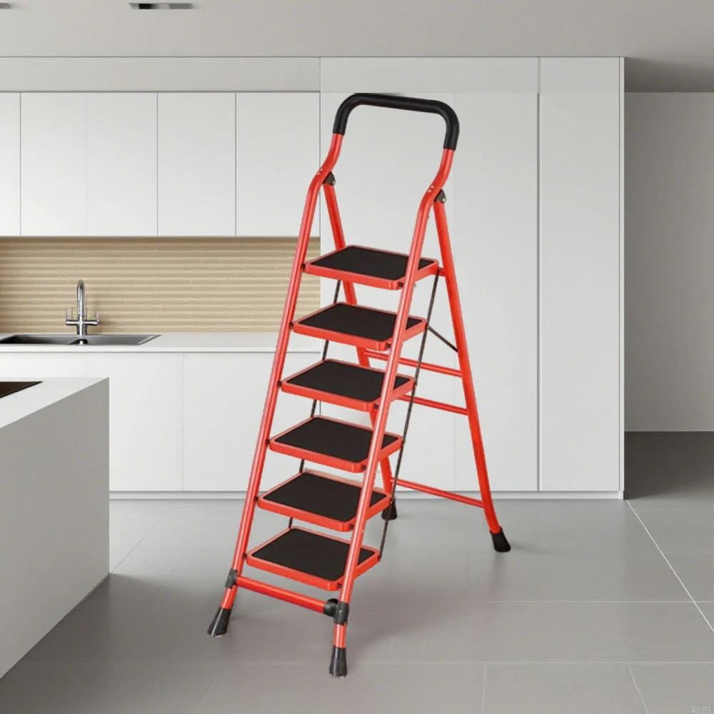 GROVIA 4/5/6-Step Carbon Steel Slim Folding Ladder - 7cm Thick, 26cm Non-Slip Pedal, Stable Anti-Slip Feet - Red