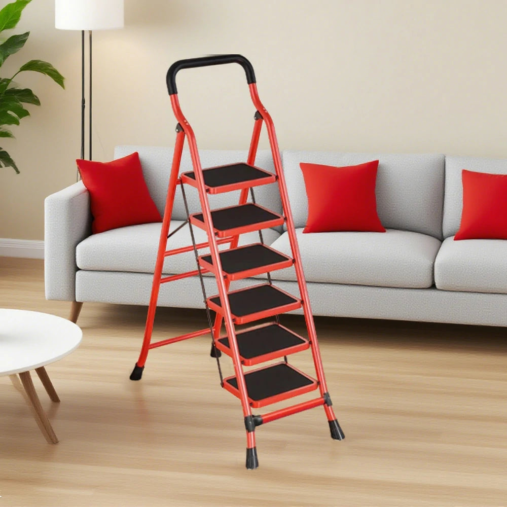 GROVIA 4/5/6-Step Carbon Steel Slim Folding Ladder - 7cm Thick, 26cm Non-Slip Pedal, Stable Anti-Slip Feet - Red
