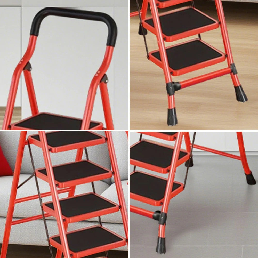 GROVIA 4/5/6-Step Carbon Steel Slim Folding Ladder - 7cm Thick, 26cm Non-Slip Pedal, Stable Anti-Slip Feet - Red