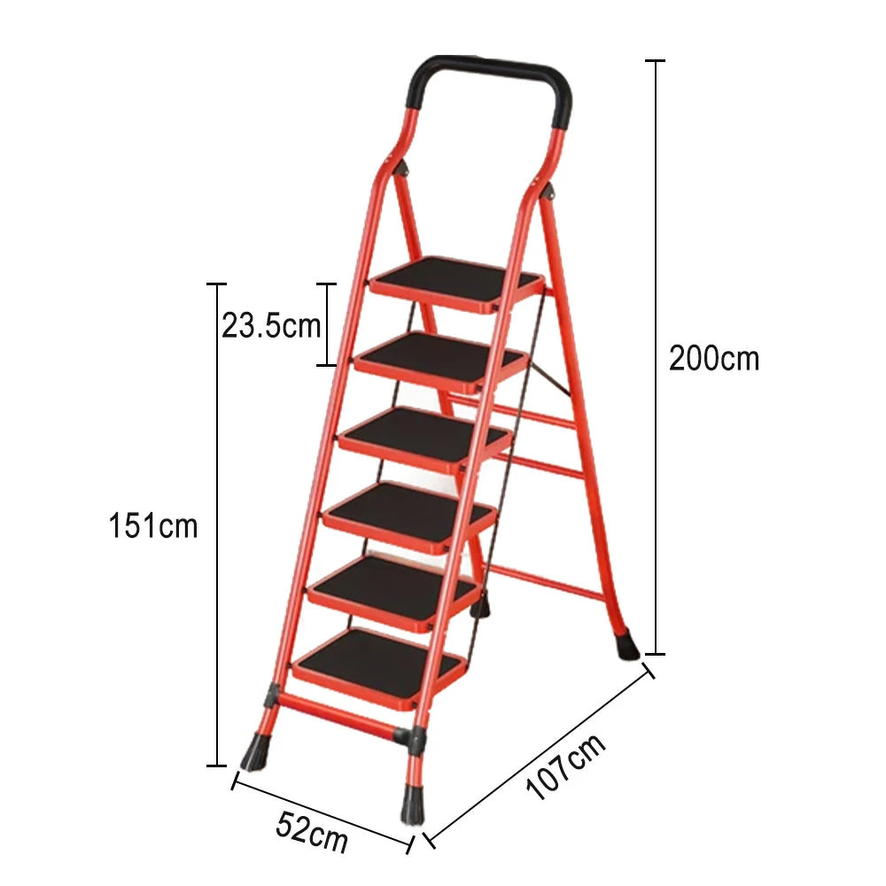 GROVIA 4/5/6-Step Carbon Steel Slim Folding Ladder - 7cm Thick, 26cm Non-Slip Pedal, Stable Anti-Slip Feet - Red