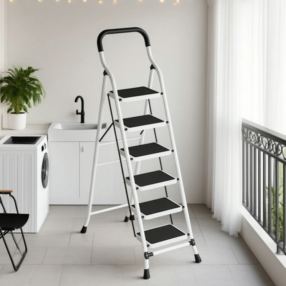 GROVIA 4/5/6-Step Carbon Steel Slim Folding Ladder - 7cm Thick, 26cm Non-Slip Pedal, Stable Anti-Slip Feet - White