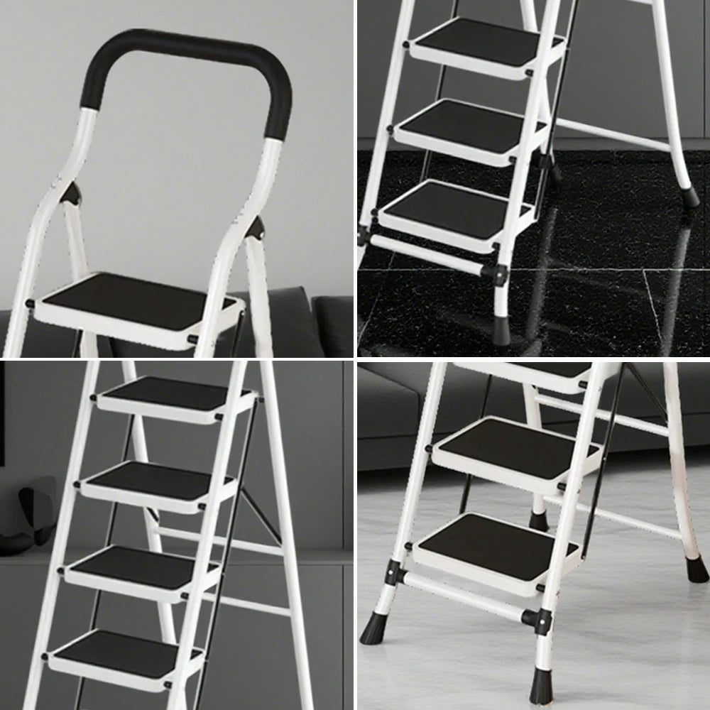 GROVIA 4/5/6-Step Carbon Steel Slim Folding Ladder - 7cm Thick, 26cm Non-Slip Pedal, Stable Anti-Slip Feet - White