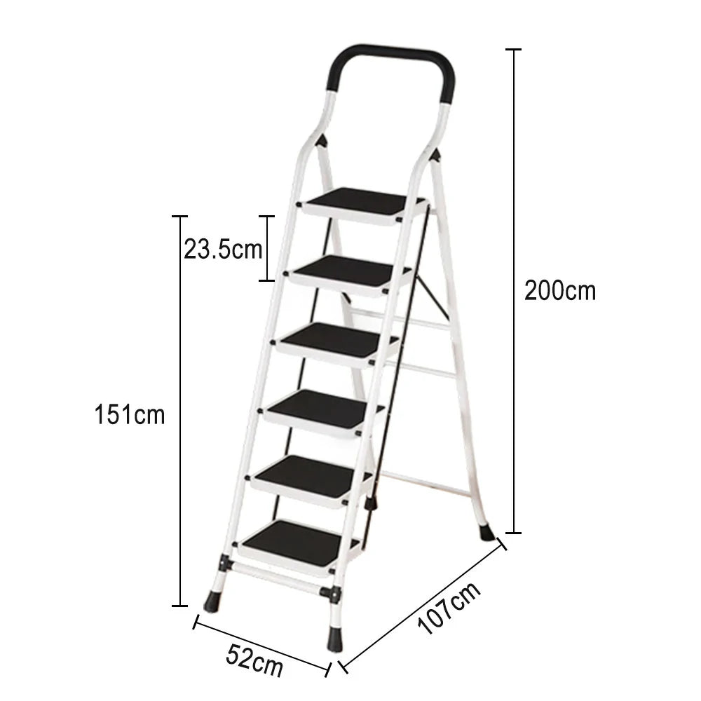 GROVIA 4/5/6-Step Carbon Steel Slim Folding Ladder - 7cm Thick, 26cm Non-Slip Pedal, Stable Anti-Slip Feet - White