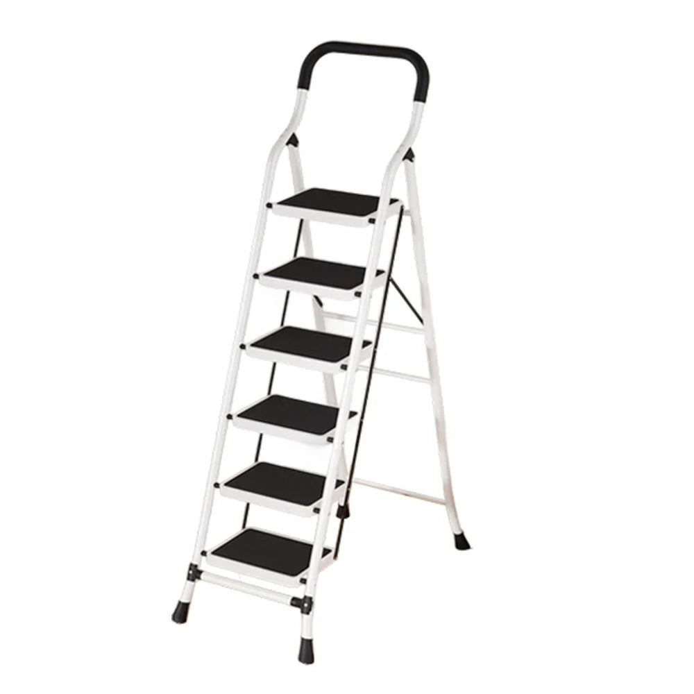 GROVIA 4/5/6-Step Carbon Steel Slim Folding Ladder - 7cm Thick, 26cm Non-Slip Pedal, Stable Anti-Slip Feet - White