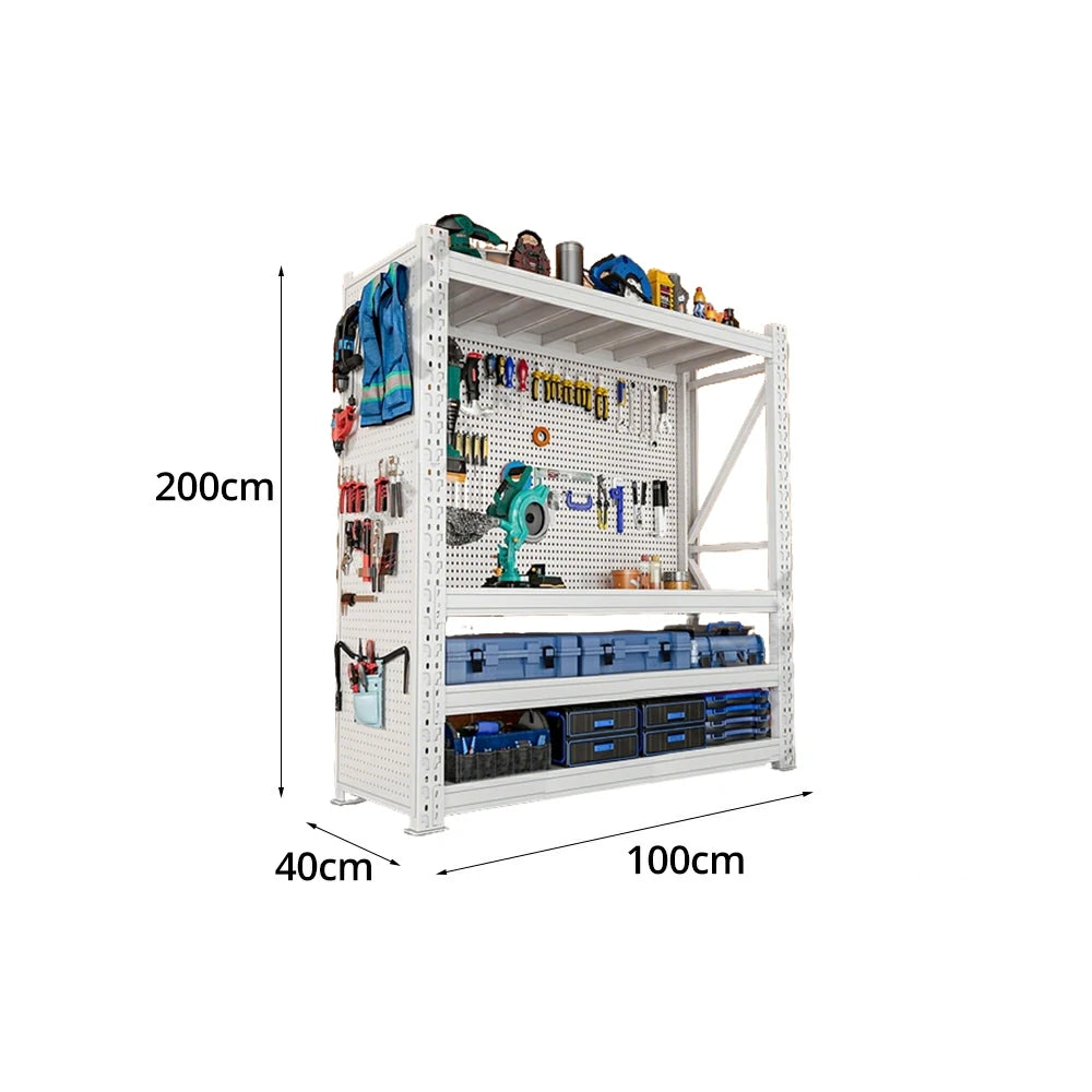 GROVIA 4-Tier 80/100cm Pegboard Tool Storage Rack, Heavy-Duty Single Shelf Design, Cold-Rolled Steel Frame, Floor-Fix Base Stability - White