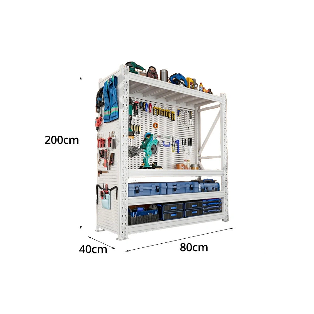 GROVIA 4-Tier 80/100cm Pegboard Tool Storage Rack, Heavy-Duty Single Shelf Design, Cold-Rolled Steel Frame, Floor-Fix Base Stability - White