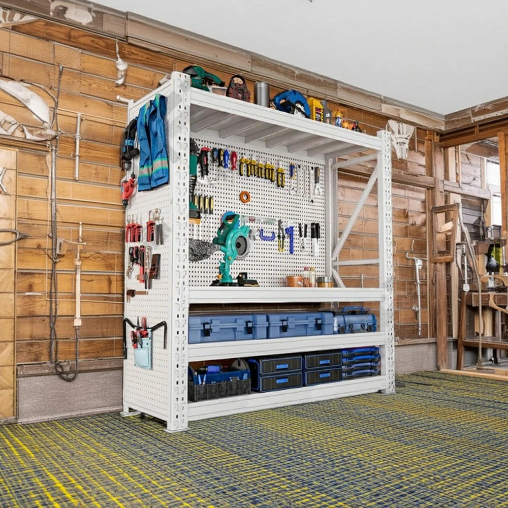 GROVIA 4-Tier 80/100cm Pegboard Tool Storage Rack, Heavy-Duty Single Shelf Design, Cold-Rolled Steel Frame, Floor-Fix Base Stability - White