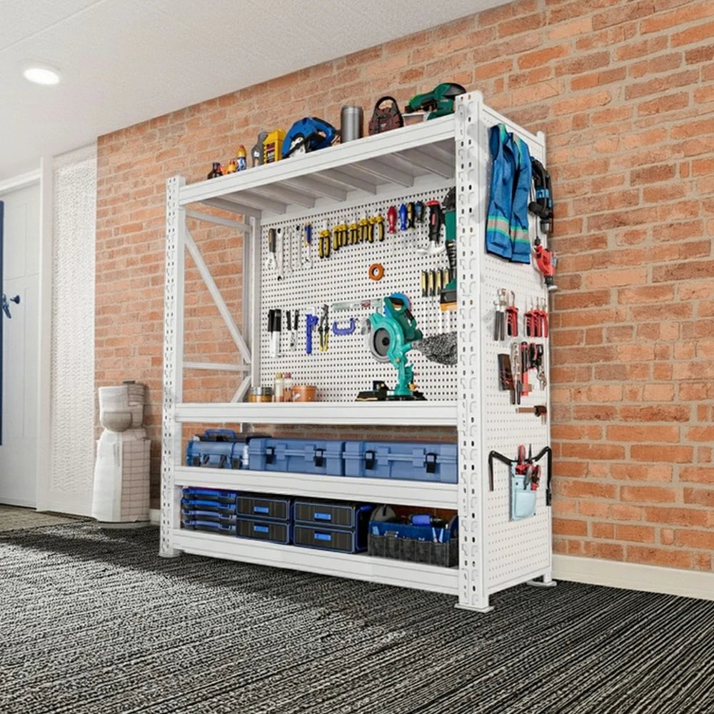 GROVIA 4-Tier 80/100cm Pegboard Tool Storage Rack, Heavy-Duty Single Shelf Design, Cold-Rolled Steel Frame, Floor-Fix Base Stability - White