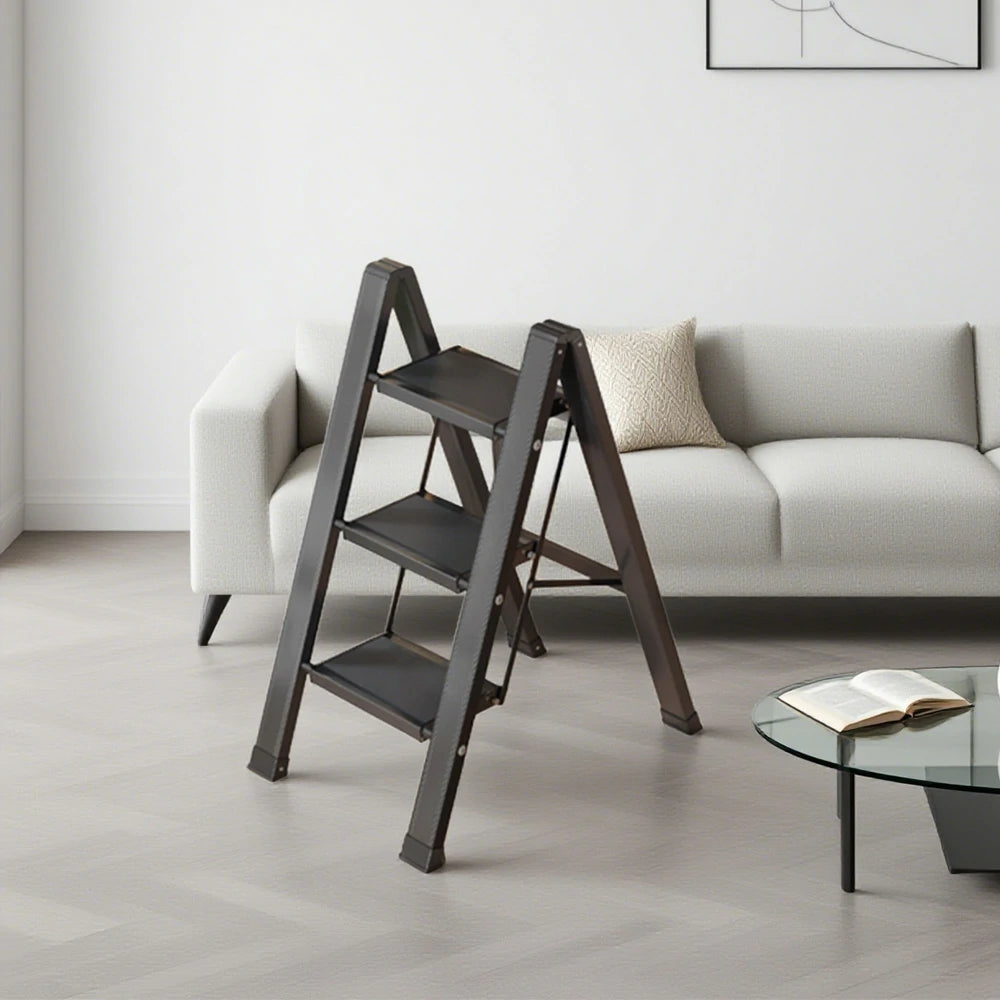 GROVIA 3 Step Aluminium Folding Ladder - 28cm Wide Pedals, 150kg Capacity, Folded Size 4.5cm, Anti-Slip Base - Black