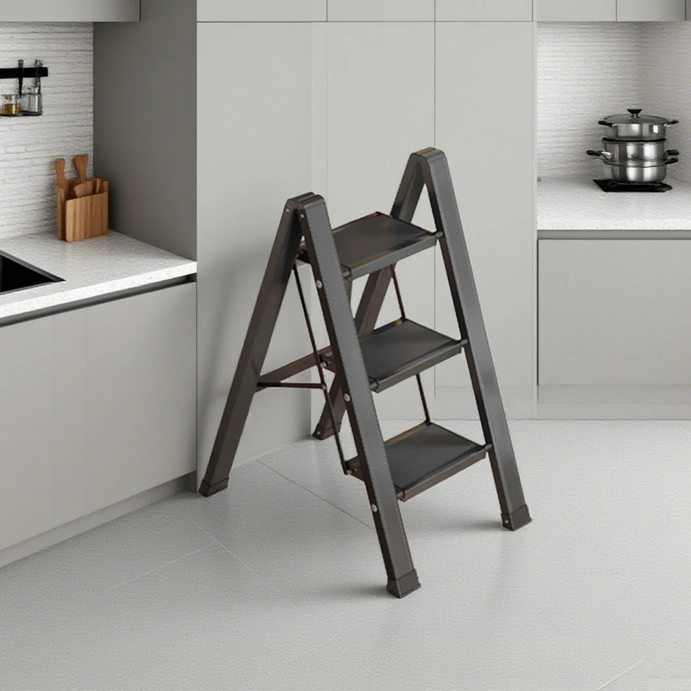 GROVIA 3 Step Aluminium Folding Ladder - 28cm Wide Pedals, 150kg Capacity, Folded Size 4.5cm, Anti-Slip Base - Black