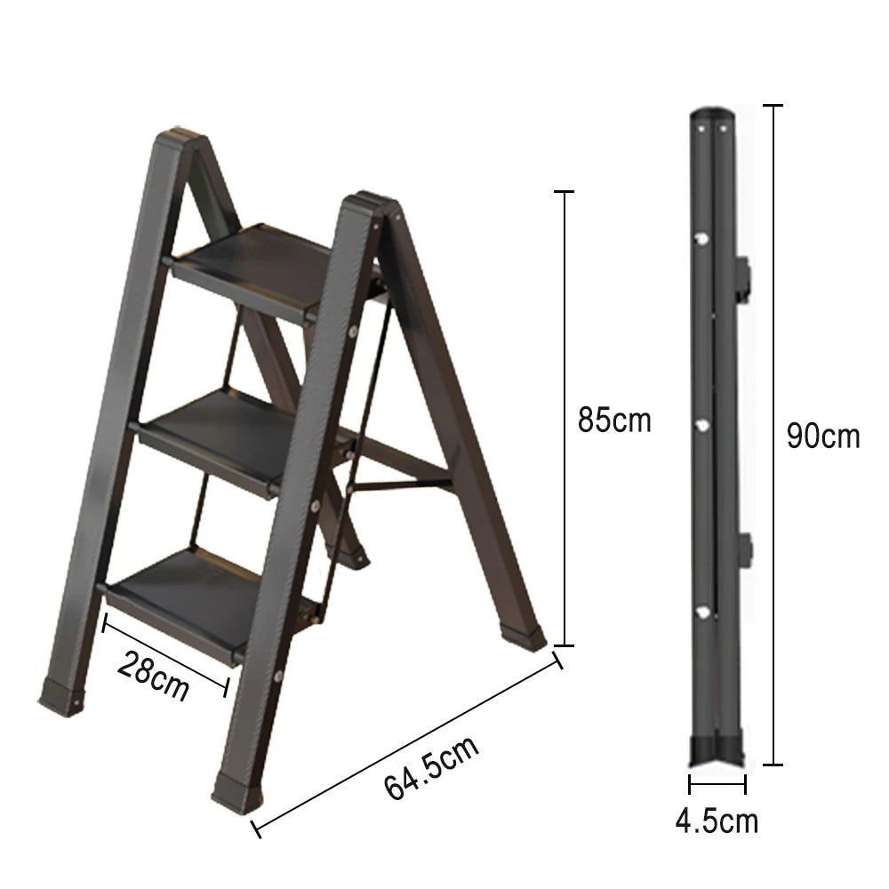 GROVIA 3 Step Aluminium Folding Ladder - 28cm Wide Pedals, 150kg Capacity, Folded Size 4.5cm, Anti-Slip Base - Black