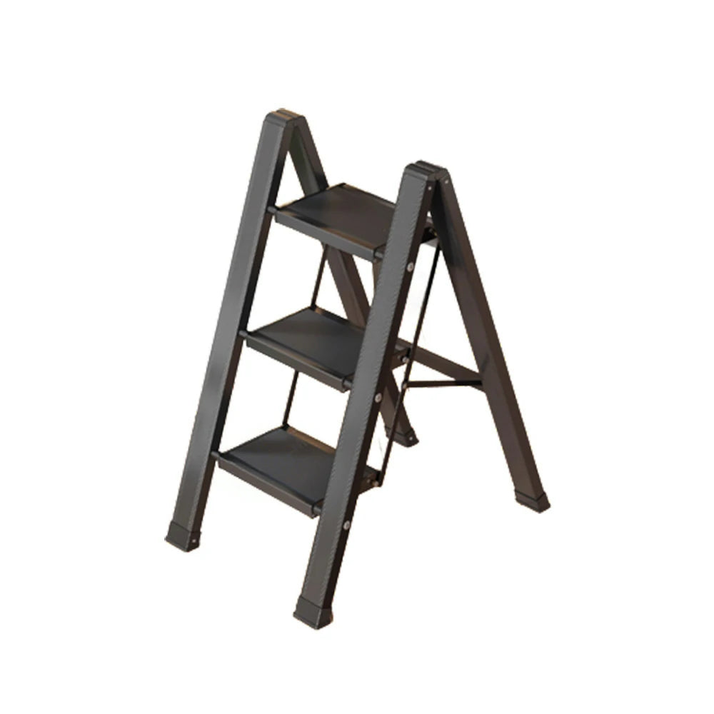 GROVIA 3 Step Aluminium Folding Ladder - 28cm Wide Pedals, 150kg Capacity, Folded Size 4.5cm, Anti-Slip Base - Black