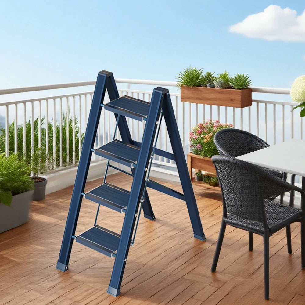 GROVIA 4 Step Aluminium Folding Ladder - 28cm Wide Pedals, 150kg Capacity, Folded Size 4.5cm, Anti-Slip Base - Blue