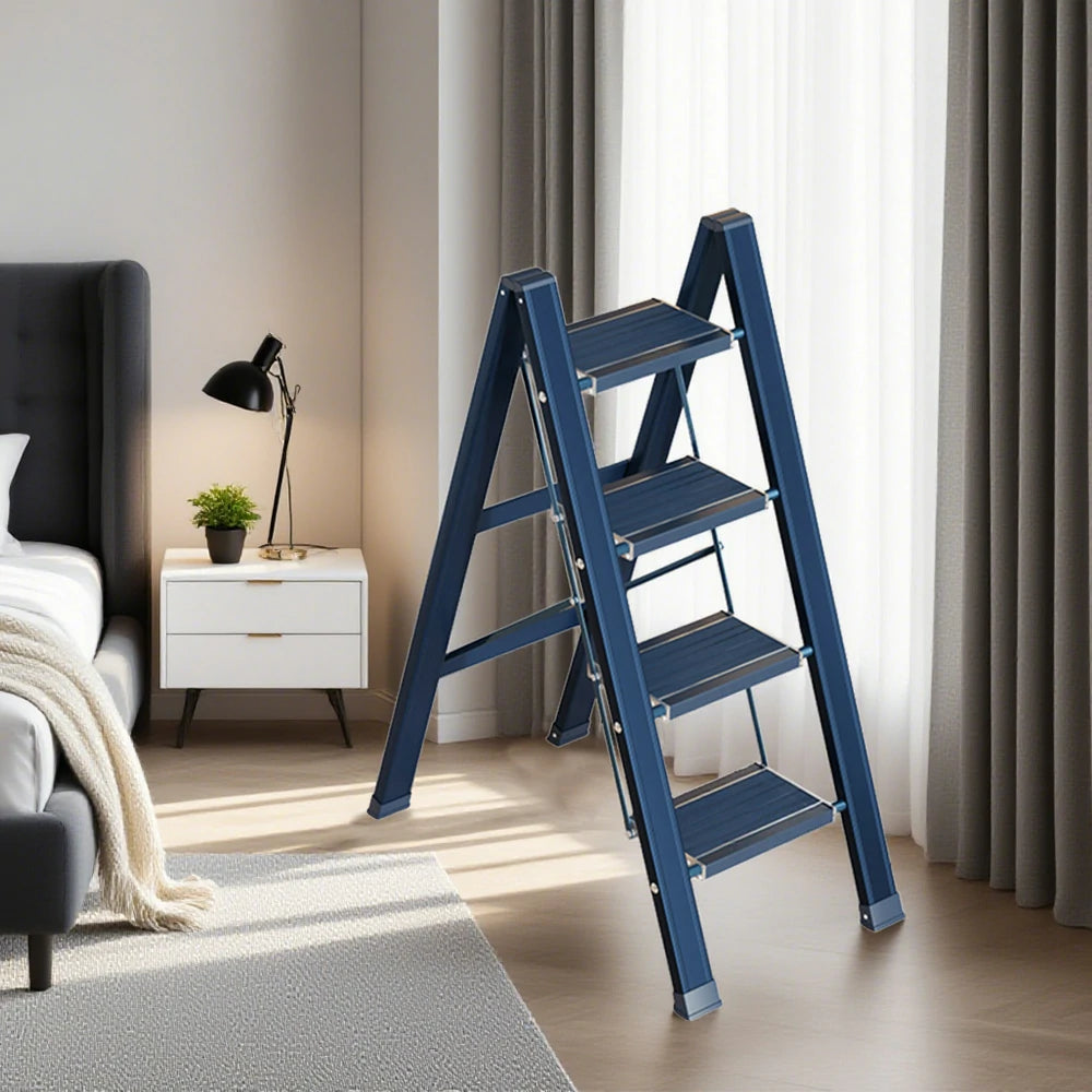 GROVIA 4 Step Aluminium Folding Ladder - 28cm Wide Pedals, 150kg Capacity, Folded Size 4.5cm, Anti-Slip Base - Blue