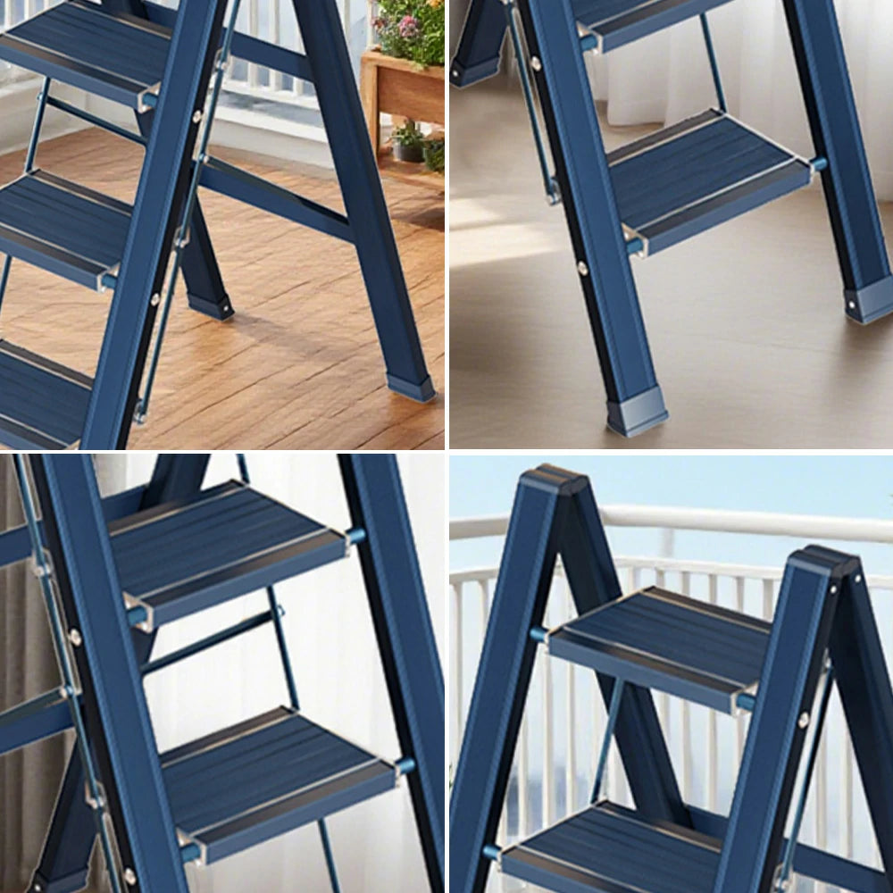 GROVIA 4 Step Aluminium Folding Ladder - 28cm Wide Pedals, 150kg Capacity, Folded Size 4.5cm, Anti-Slip Base - Blue