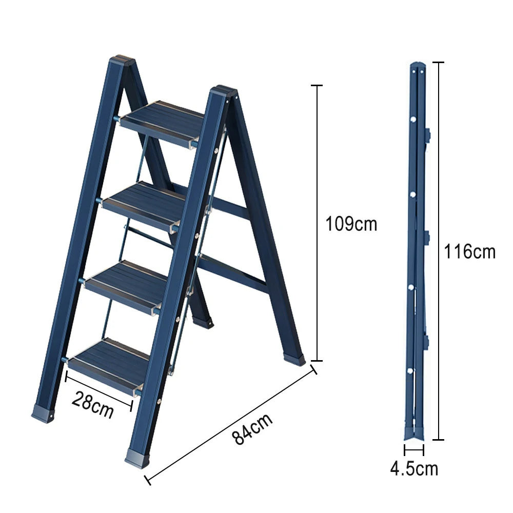 GROVIA 4 Step Aluminium Folding Ladder - 28cm Wide Pedals, 150kg Capacity, Folded Size 4.5cm, Anti-Slip Base - Blue
