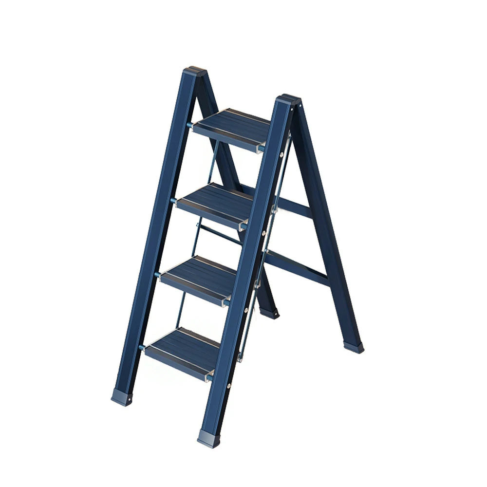 GROVIA 4 Step Aluminium Folding Ladder - 28cm Wide Pedals, 150kg Capacity, Folded Size 4.5cm, Anti-Slip Base - Blue