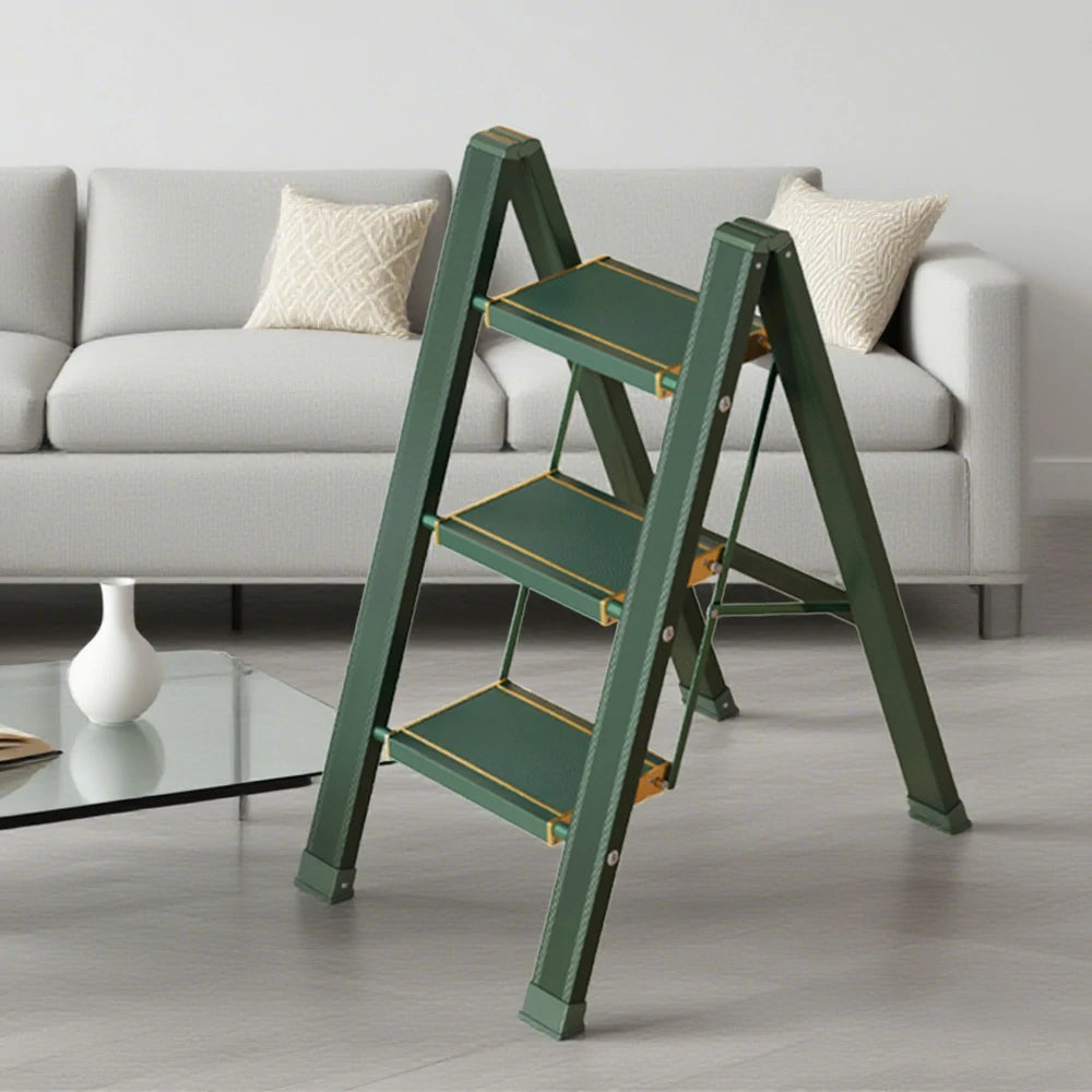 GROVIA 3/4 Step Aluminium Folding Ladder - 28cm Wide Pedals, 150kg Capacity, Folded Size 4.5cm, Anti-Slip Base - Green