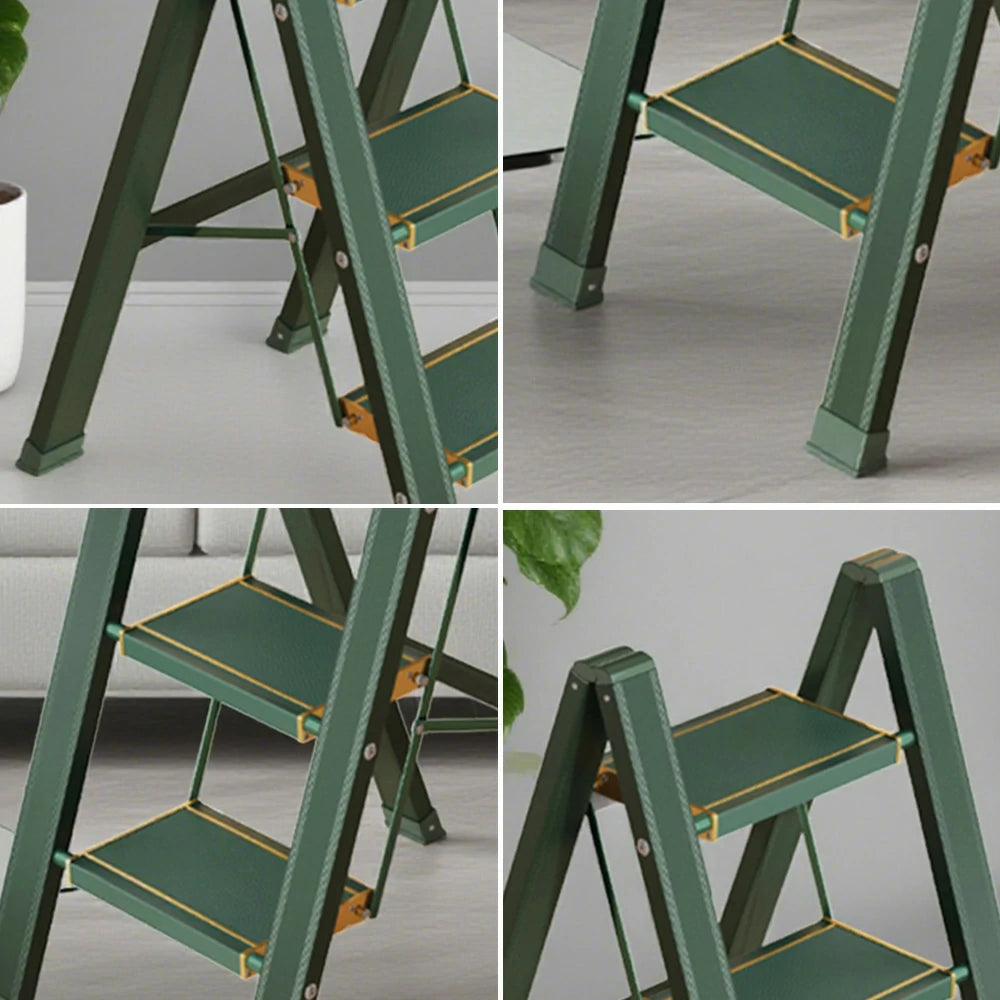 GROVIA 3/4 Step Aluminium Folding Ladder - 28cm Wide Pedals, 150kg Capacity, Folded Size 4.5cm, Anti-Slip Base - Green