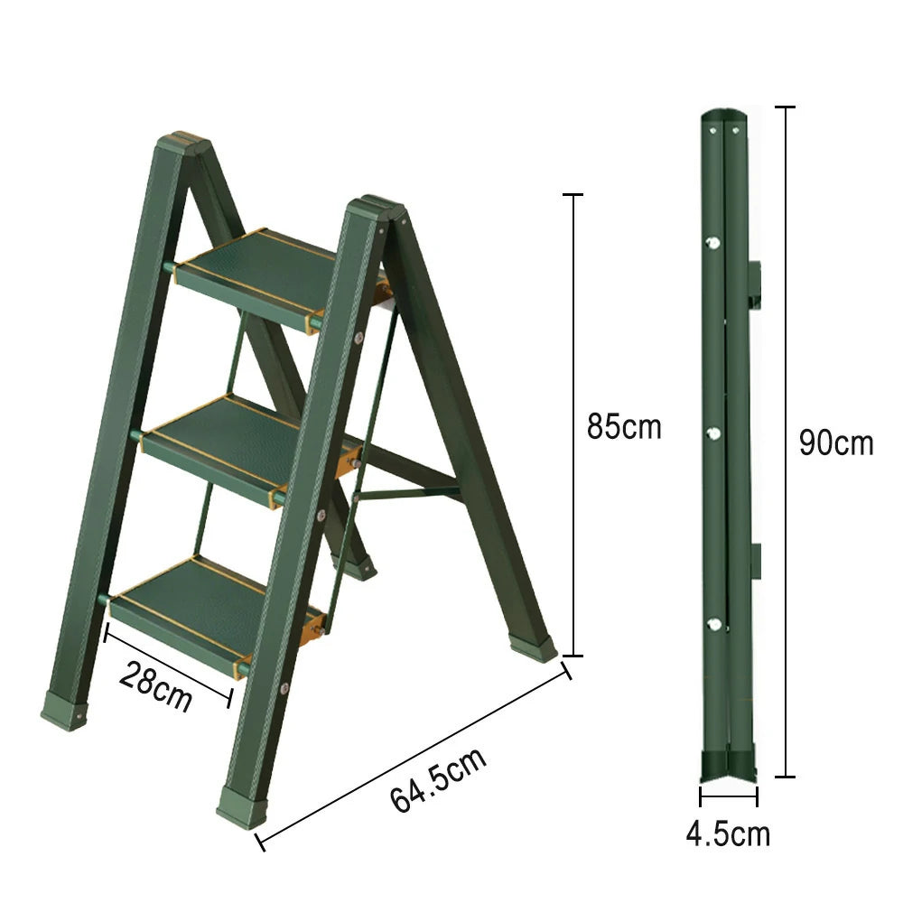 GROVIA 3/4 Step Aluminium Folding Ladder - 28cm Wide Pedals, 150kg Capacity, Folded Size 4.5cm, Anti-Slip Base - Green