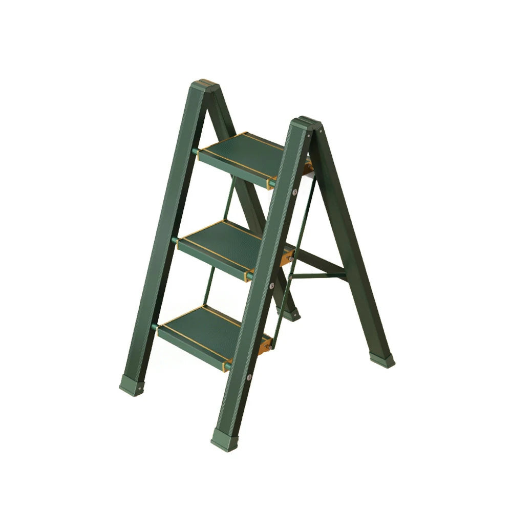 GROVIA 3/4 Step Aluminium Folding Ladder - 28cm Wide Pedals, 150kg Capacity, Folded Size 4.5cm, Anti-Slip Base - Green