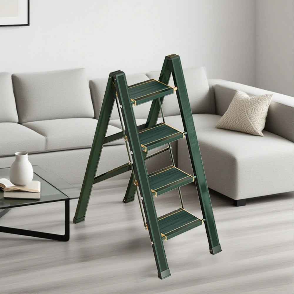 GROVIA 3/4 Step Aluminium Folding Ladder - 28cm Wide Pedals, 150kg Capacity, Folded Size 4.5cm, Anti-Slip Base - Green