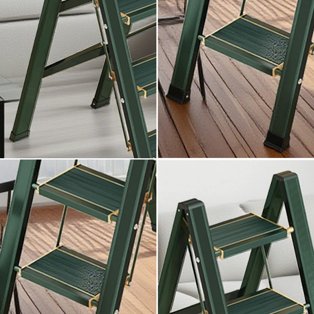 GROVIA 3/4 Step Aluminium Folding Ladder - 28cm Wide Pedals, 150kg Capacity, Folded Size 4.5cm, Anti-Slip Base - Green